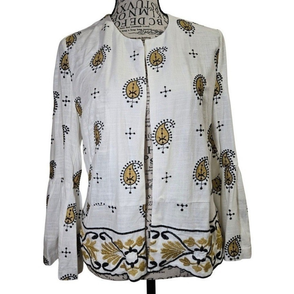 Zara Linen Embroidered Paisley Women Medium Bell Sleeve Open Shacket White Gold